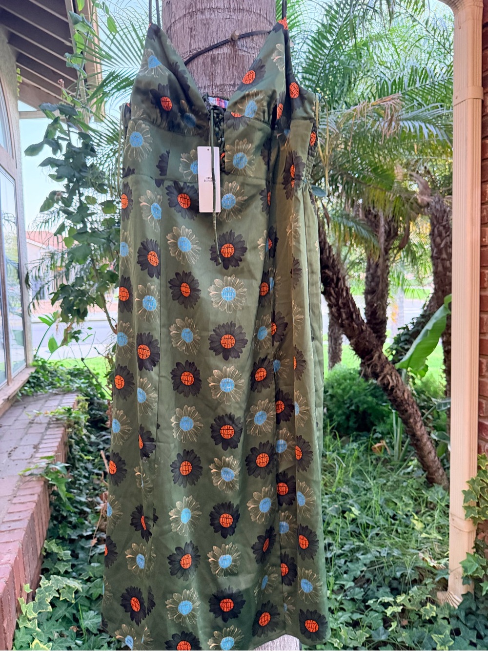 Urban Outfitters Olive Floral Smocked Maxi Dress with Blue & Rust Blooms